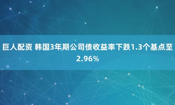 巨人配资 韩国3年期公司债收益率下跌1.3个基点至2.96%